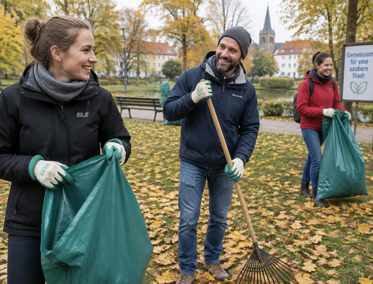 Autumn park cleanup in town